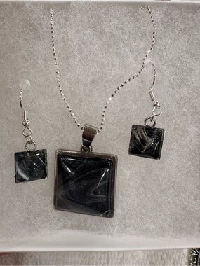 Hand Crafted Black Swirl Square Pendant Necklace and Earrings Set